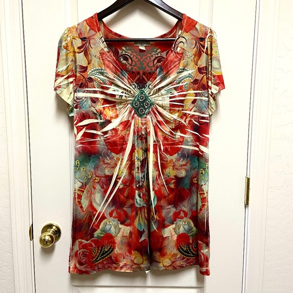 Boho Artsy Embellished Empire Waist Tunic Top Plus Size 3X live and let live - Picture 2 of 9